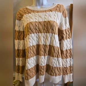 Lands End Sweater Womens Brown Drifter Striped Cable Knit Crew Neck Knit Large